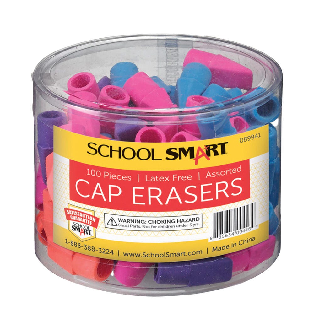 School Smart Pencil Cap Erasers, Chisel, Assorted Colors, Pack of 100 089941